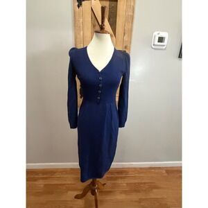 Royal Blue Knit Midi Dress V-Neck Puff Sleeve Gold Button Accent Sweater #56